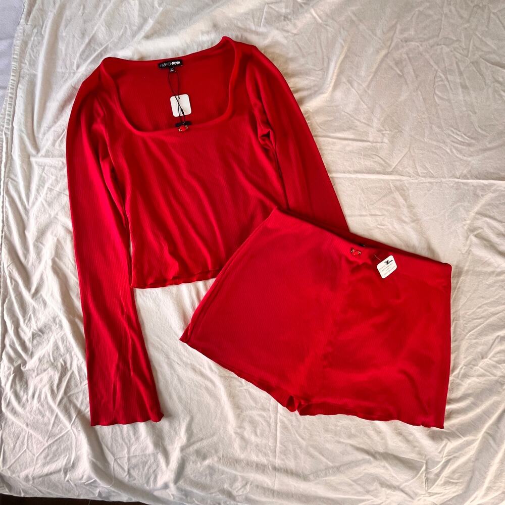 Fashion Nova Red Ribbed 2-Piece Lounge Set NWT